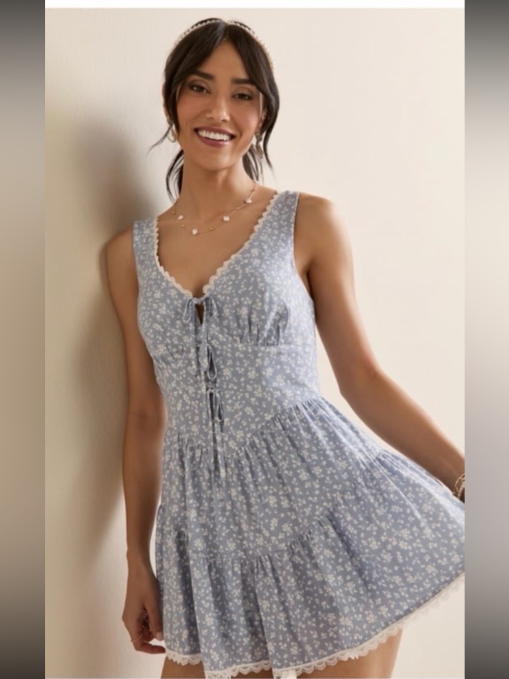 Claudia Light Blue Floral Tie Front Tiered Romper